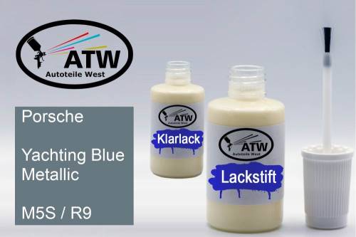 Porsche, Yachting Blue Metallic, M5S / R9: 20ml Lackstift + 20ml Klarlack - Set, von ATW Autoteile West.